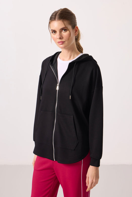 Black Soft Textured Oversize Women's Hooded Tunic Sweatshirt - 97302