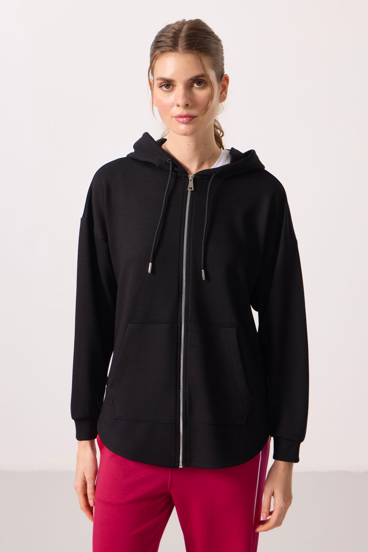 Black Soft Textured Oversize Women's Hooded Tunic Sweatshirt - 97302
