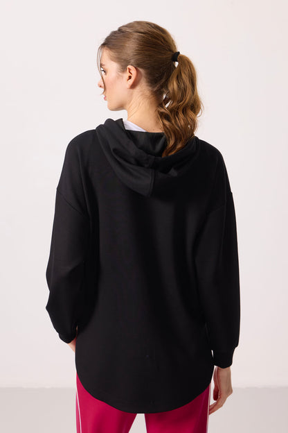 Black Soft Textured Oversize Women's Hooded Tunic Sweatshirt - 97302