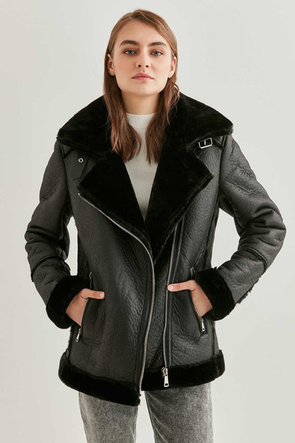 FAUX LEATHER JACKET WITH BLACK OUTER MATTE FUR