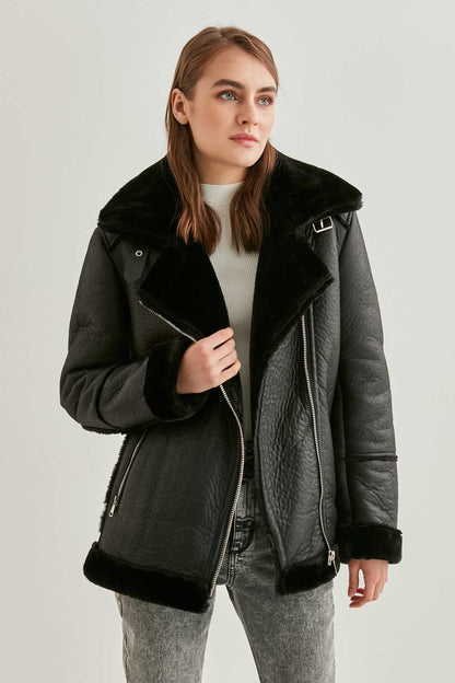 FAUX LEATHER JACKET WITH BLACK OUTER MATTE FUR