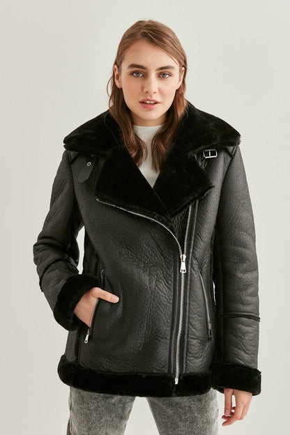 FAUX LEATHER JACKET WITH BLACK OUTER MATTE FUR