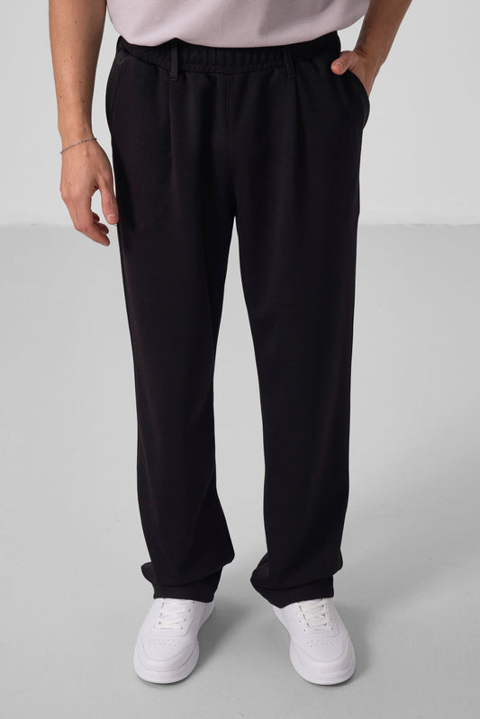 Black Textured Surface Comfort Fit Palazzo Men's Trousers - 82163