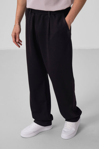 Black Textured Surface Comfort Fit Palazzo Men's Trousers - 82163