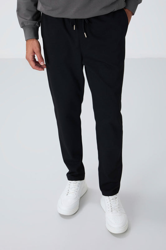 Black Textured Surface Standard Fit Men's Tracksuit Bottom - 82155