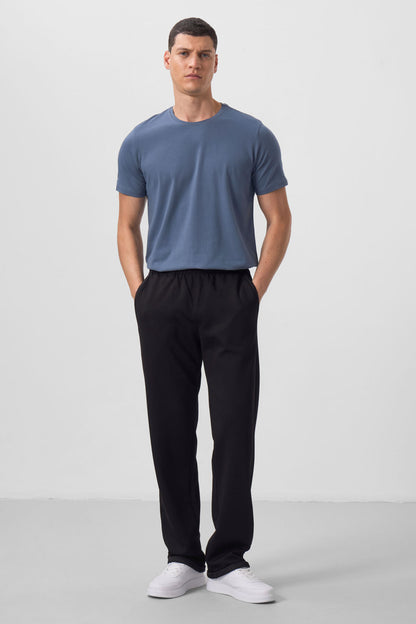 Black Textured Surface Comfort Fit Palazzo Men's Trousers - 82164