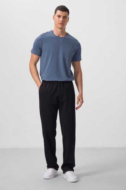 Black Textured Surface Comfort Fit Palazzo Men's Trousers - 82164