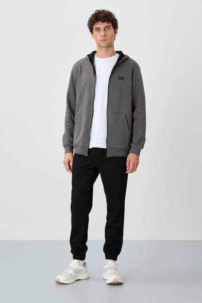 Black Textured Surface Standard Fit Men's Tracksuit Bottom - 82156