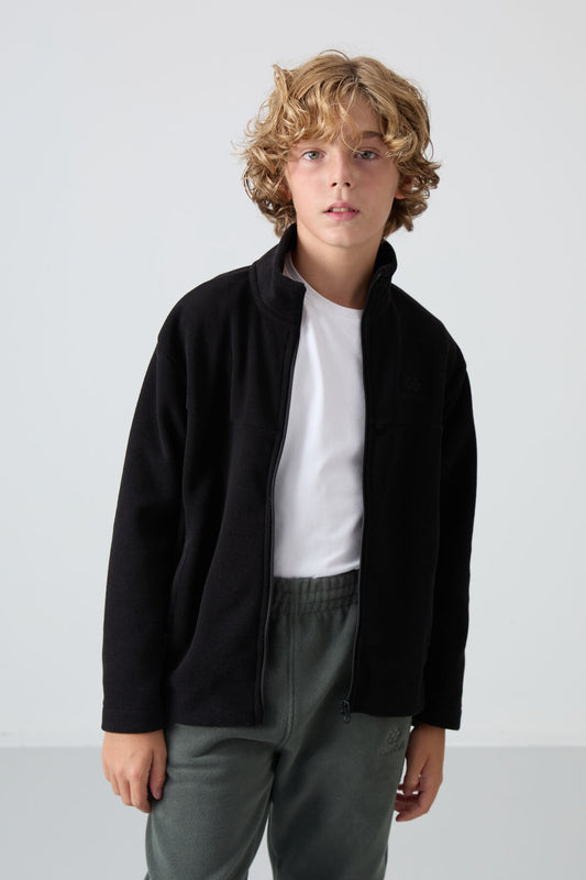 Black Thick Soft Textured Standard Fit Embroidered Fleece Boys' Sweatshirt - 11223
