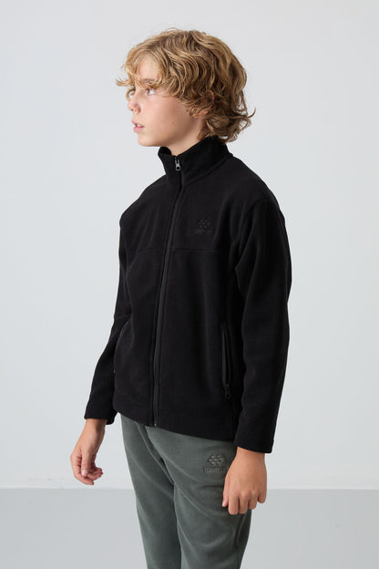 Black Thick Soft Textured Standard Fit Embroidered Fleece Boys' Sweatshirt - 11223