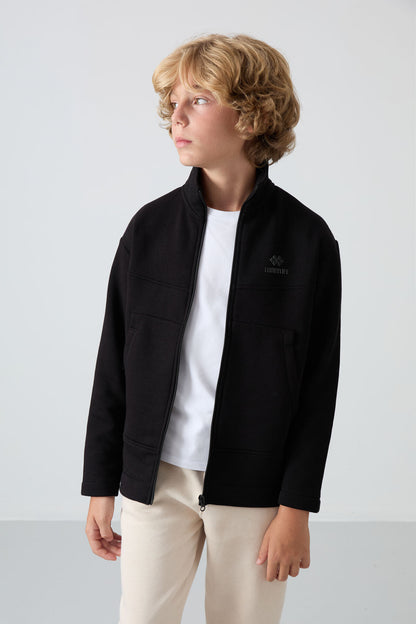 Black Cotton Thick Fleece-Lined Soft Textured Standard Fit Embroidered Boys' Sweatshirt - 11245
