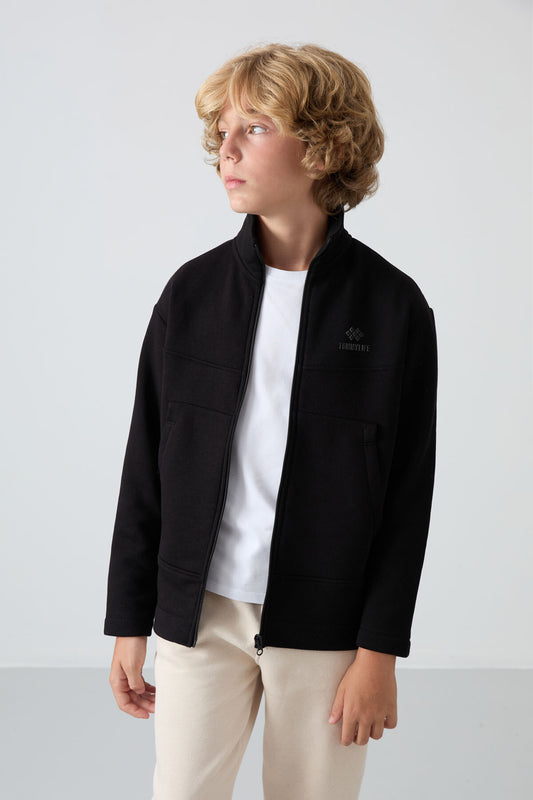 Black Cotton Thick Fleece-Lined Soft Textured Standard Fit Embroidered Boys' Sweatshirt - 11245