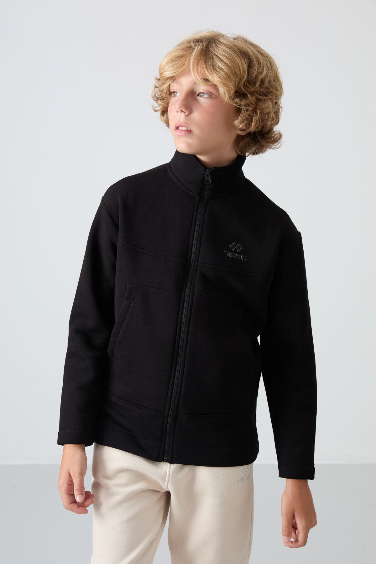 Black Cotton Thick Fleece-Lined Soft Textured Standard Fit Embroidered Boys' Sweatshirt - 11245