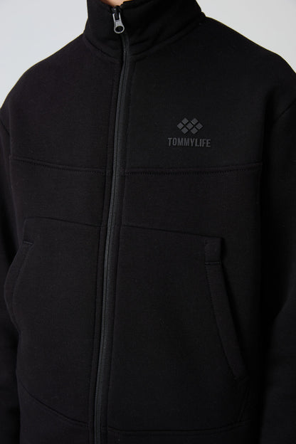 Black Cotton Thick Fleece-Lined Soft Textured Standard Fit Embroidered Boys' Sweatshirt - 11245