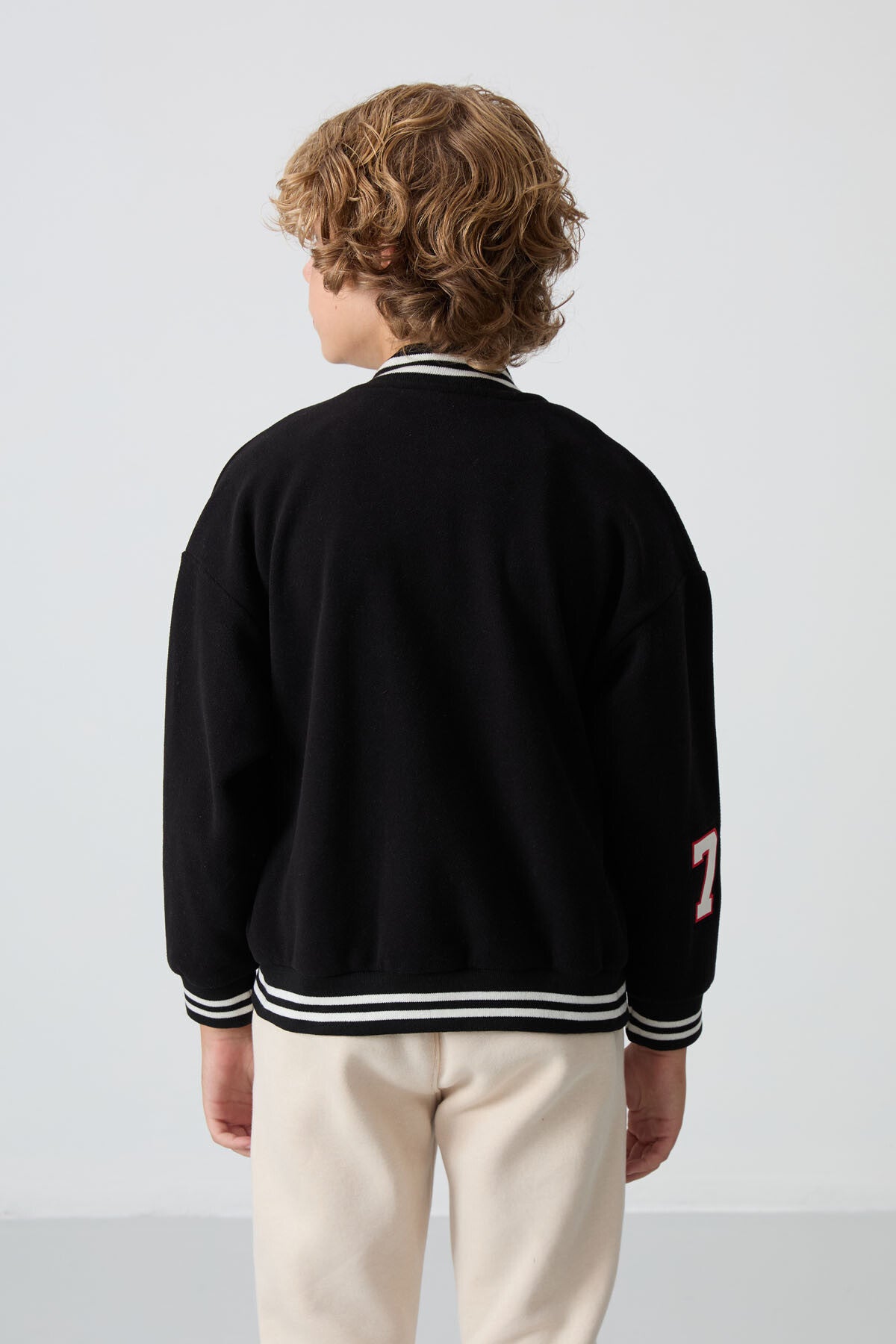 Black Thick Soft Textured Standard Fit Embroidered Fleece Boys' College Jacket - 11227