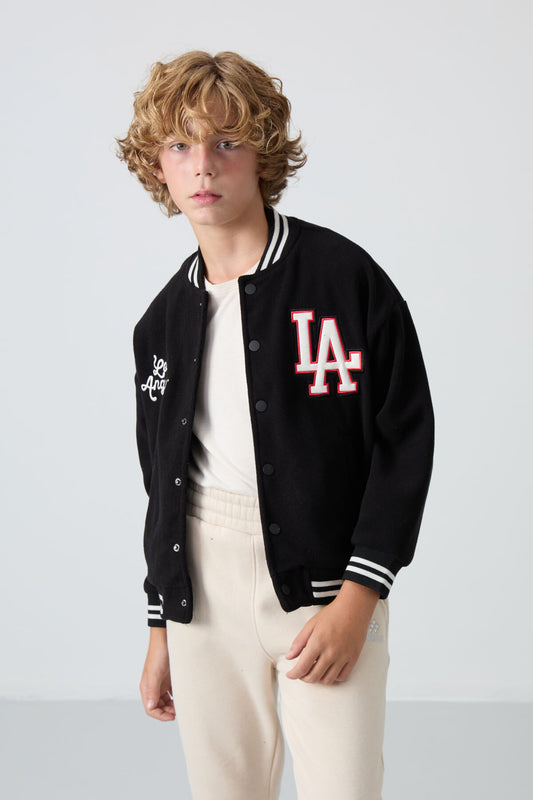 Black Thick Soft Textured Standard Fit Embroidered Fleece Boys' College Jacket - 11227