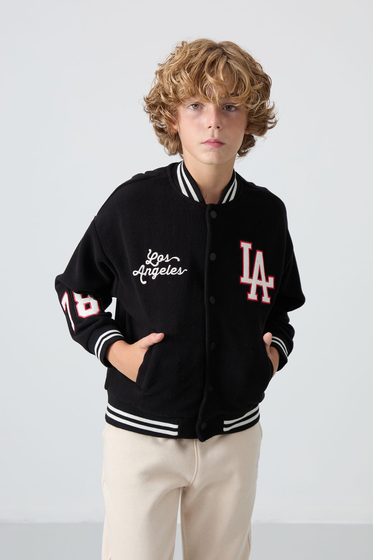 Black Thick Soft Textured Standard Fit Embroidered Fleece Boys' College Jacket - 11227