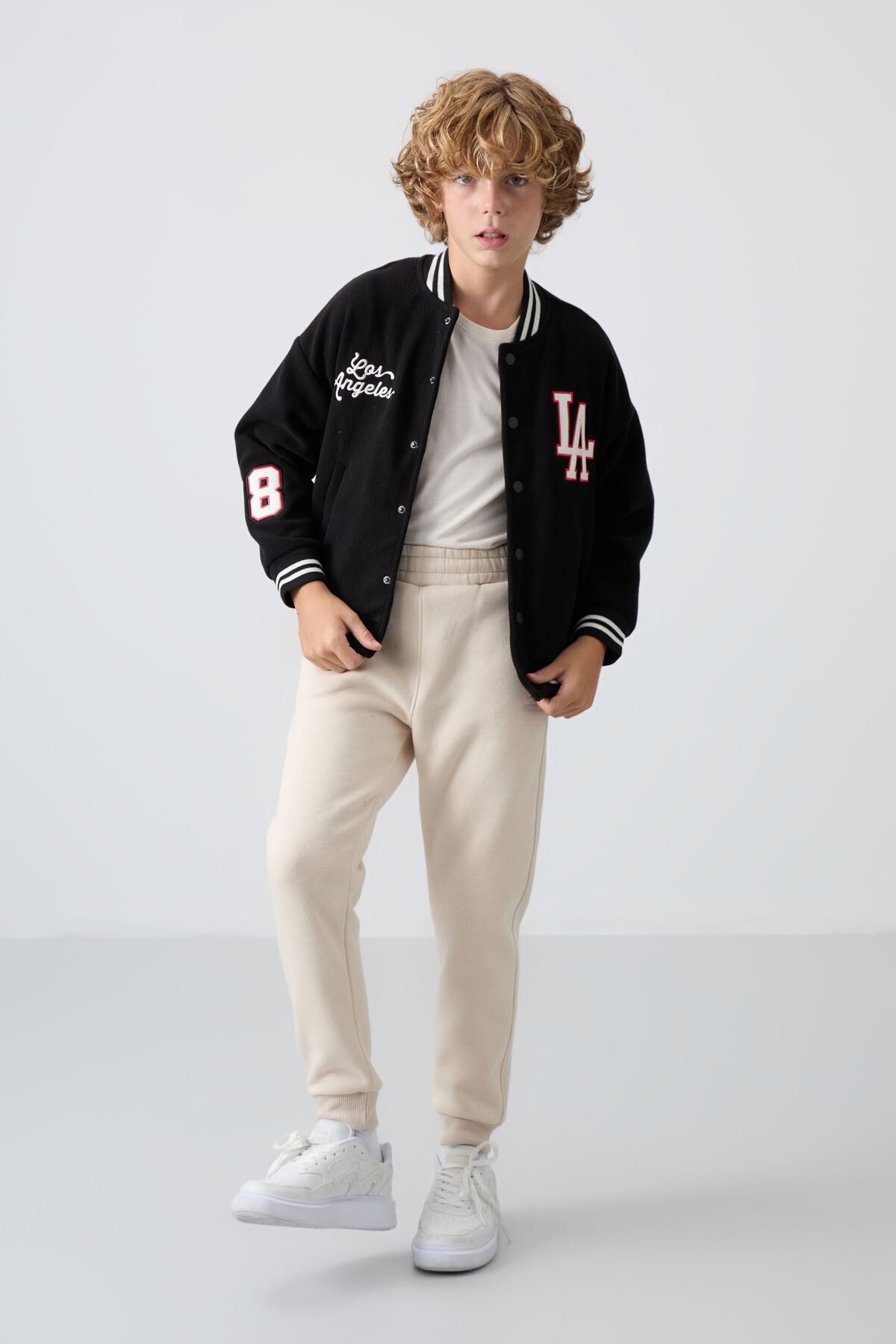Black Thick Soft Textured Standard Fit Embroidered Fleece Boys' College Jacket - 11227