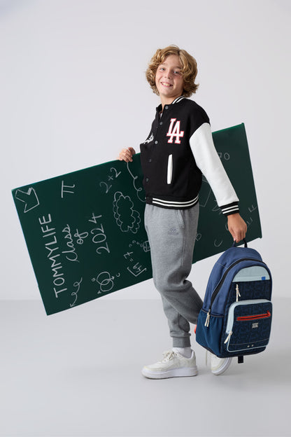 Black Cotton Thick Fleece-Lined Soft Textured Standard Fit Embroidered Boys' College Jacket - 11258