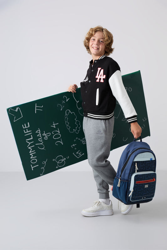 Black Cotton Thick Fleece-Lined Soft Textured Standard Fit Embroidered Boys' College Jacket - 11258