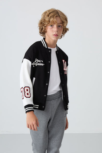 Black Cotton Thick Fleece-Lined Soft Textured Standard Fit Embroidered Boys' College Jacket - 11258