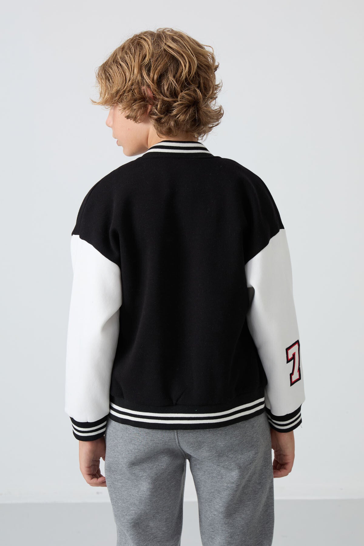 Black Cotton Thick Fleece-Lined Soft Textured Standard Fit Embroidered Boys' College Jacket - 11258
