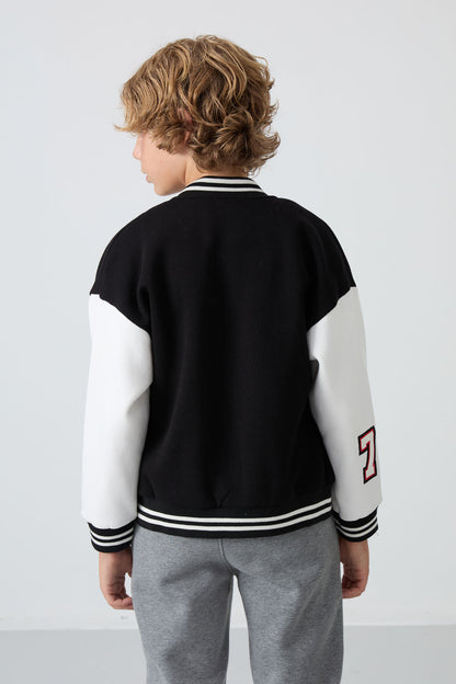 Black Cotton Thick Fleece-Lined Soft Textured Standard Fit Embroidered Boys' College Jacket - 11258