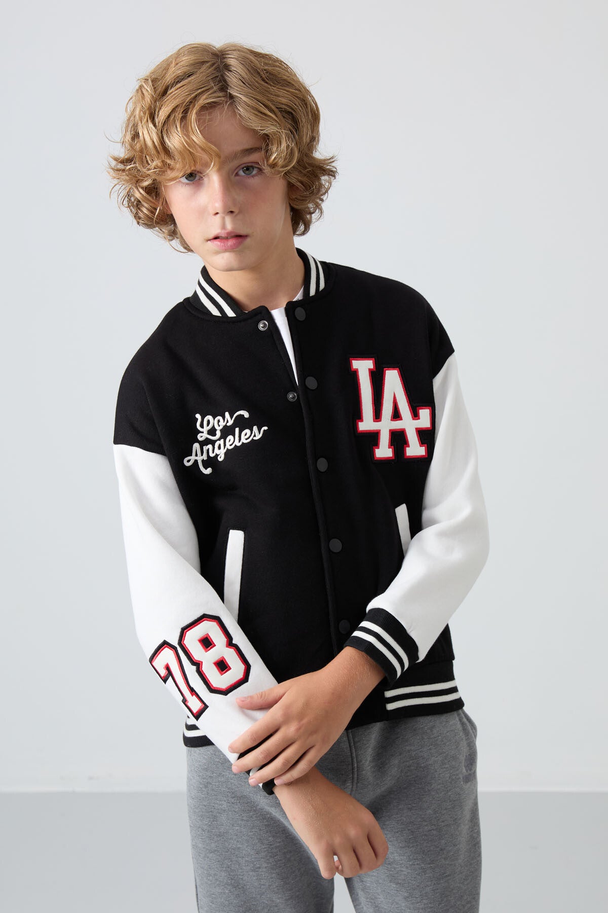 Black Cotton Thick Fleece-Lined Soft Textured Standard Fit Embroidered Boys' College Jacket - 11258