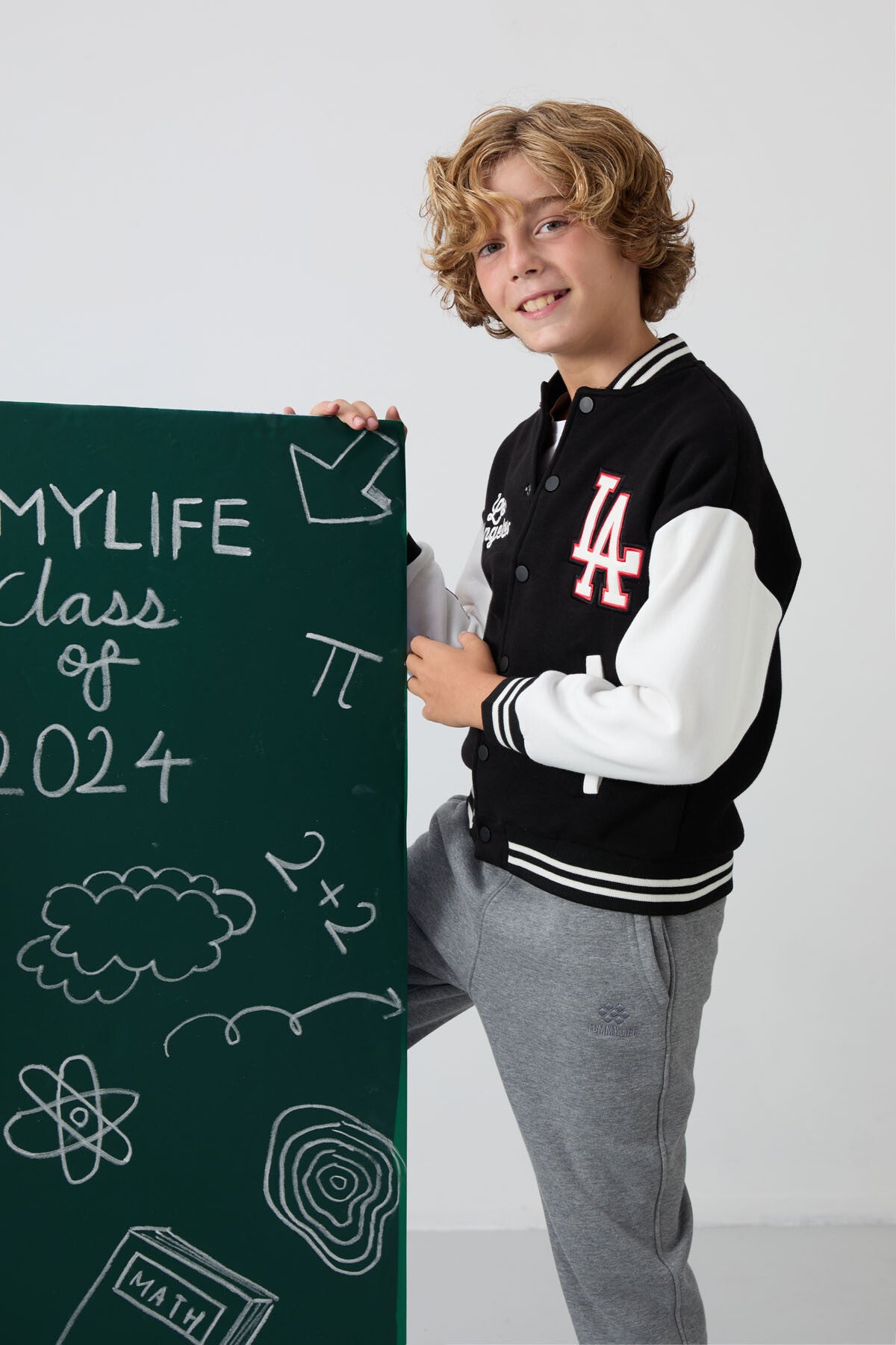 Black Cotton Thick Fleece-Lined Soft Textured Standard Fit Embroidered Boys' College Jacket - 11258