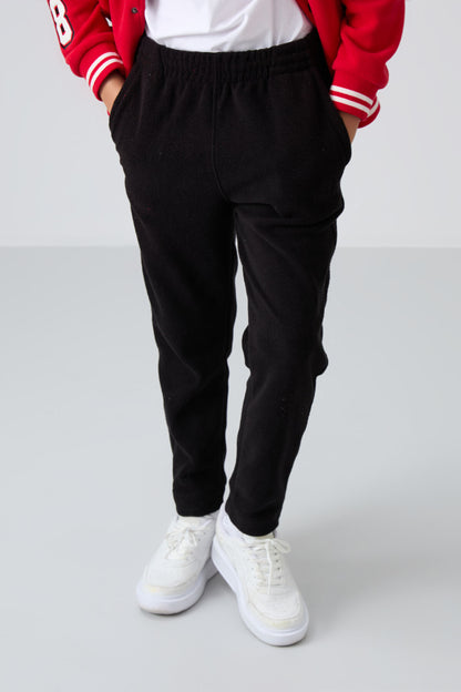 Black Thick Soft Textured Standard Fit Embroidered Fleece Boys' Tracksuit Bottom - 11219