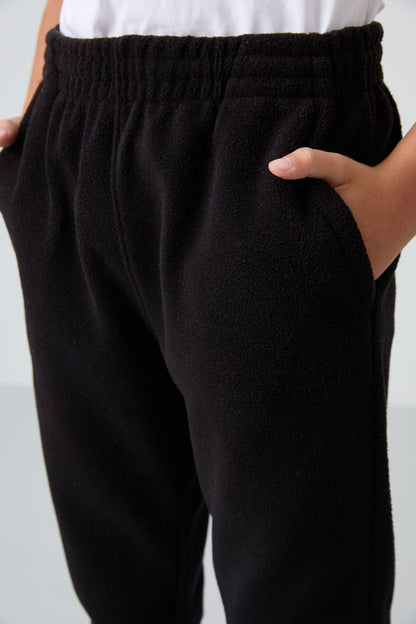 Black Thick Soft Textured Standard Fit Embroidered Fleece Boys' Tracksuit Bottom - 11219
