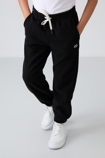 Black Thick Soft Textured Standard Fit Embroidered Fleece Boys' Tracksuit Bottom - 11220