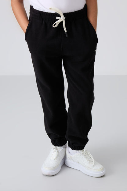 Black Thick Soft Textured Standard Fit Embroidered Fleece Boys' Tracksuit Bottom - 11220