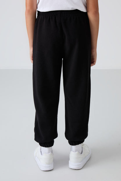 Black Thick Soft Textured Standard Fit Embroidered Fleece Boys' Tracksuit Bottom - 11220