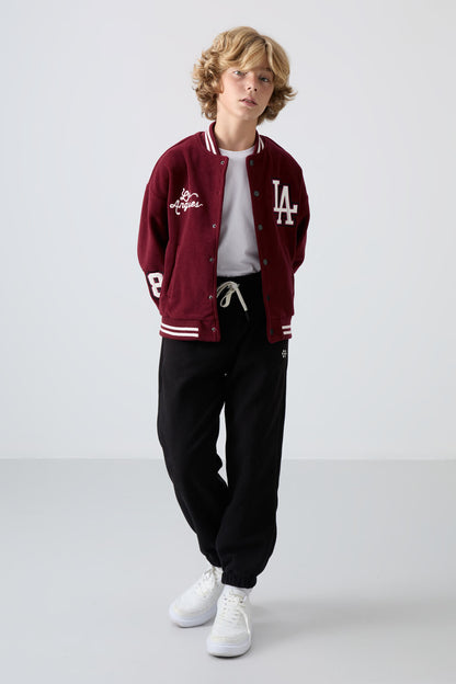 Black Thick Soft Textured Standard Fit Embroidered Fleece Boys' Tracksuit Bottom - 11220