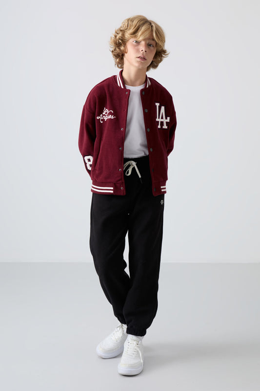 Black Thick Soft Textured Standard Fit Embroidered Fleece Boys' Tracksuit Bottom - 11220