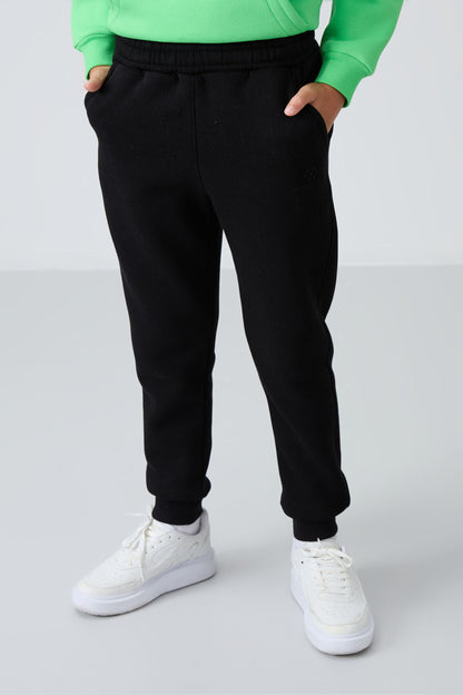 Black Cotton Thick Fleece-Lined Soft Textured Standard Fit Embroidered Boys' Tracksuit Bottom - 11224