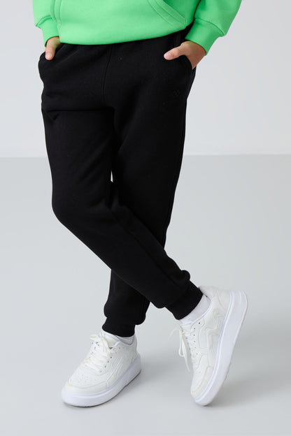 Black Cotton Thick Fleece-Lined Soft Textured Standard Fit Embroidered Boys' Tracksuit Bottom - 11224