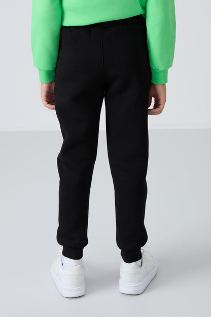 Black Cotton Thick Fleece-Lined Soft Textured Standard Fit Embroidered Boys' Tracksuit Bottom - 11224