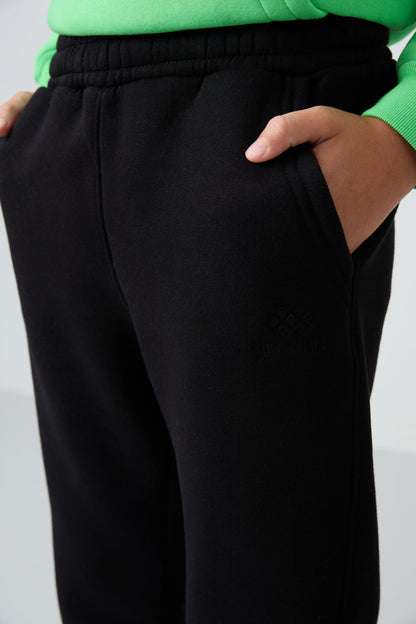 Black Cotton Thick Fleece-Lined Soft Textured Standard Fit Embroidered Boys' Tracksuit Bottom - 11224