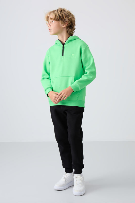 Black Cotton Thick Fleece-Lined Soft Textured Standard Fit Embroidered Boys' Tracksuit Bottom - 11224