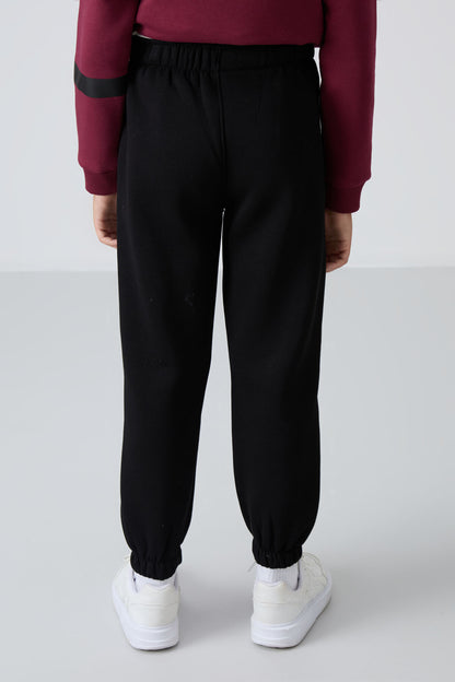Black Cotton Thick Fleece-Lined Soft Textured Standard Fit Printed Boys' Tracksuit Bottom - 11225