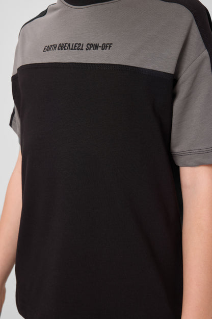 Black cotton oversized fit embroidered boys boys T-Shirt - 11290
