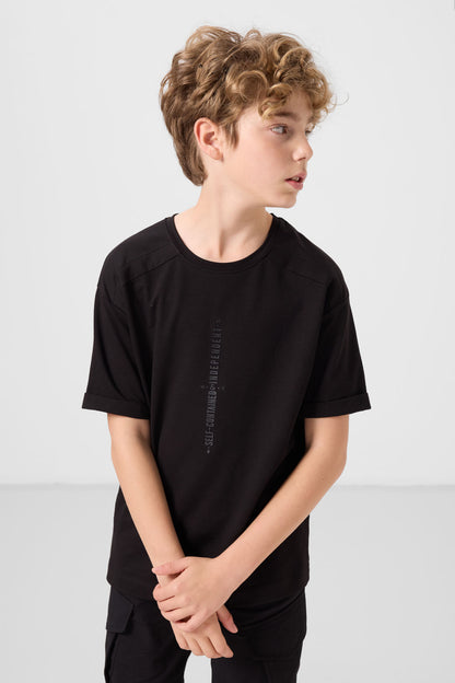 Black cotton soft-weave oversize printed T-shirt - 11301