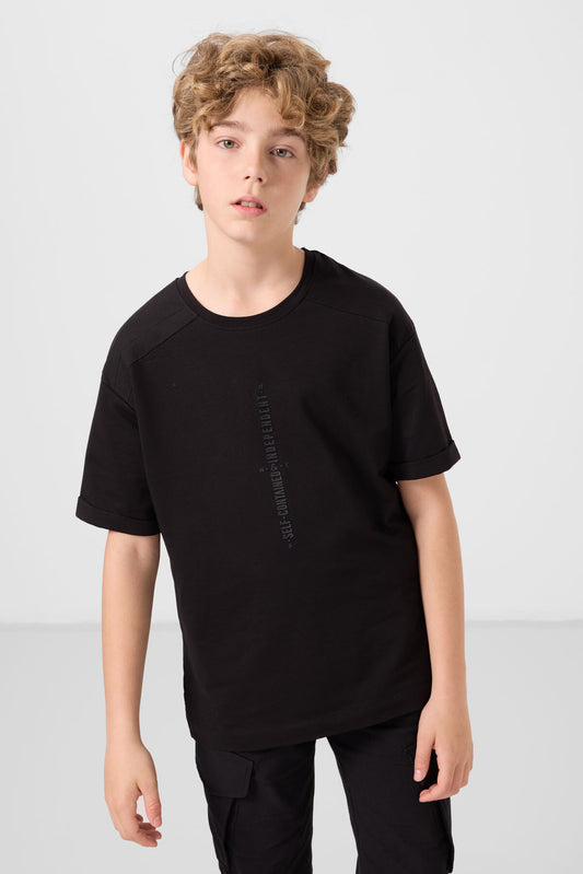 Black cotton soft-weave oversize printed T-shirt - 11301