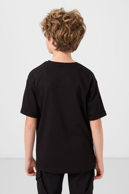 Black cotton soft-weave oversize printed T-shirt - 11301