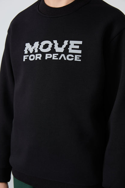 Black Cotton Thick Fleece-Lined Soft Textured Standard Fit Printed Boys' Sweatshirt - 11216