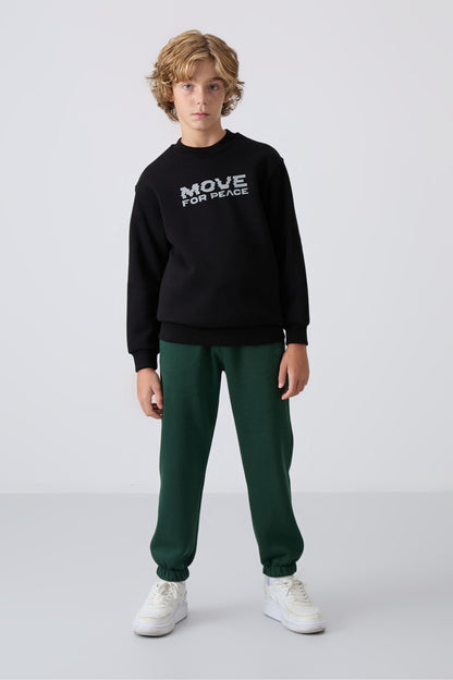 Black Cotton Thick Fleece-Lined Soft Textured Standard Fit Printed Boys' Sweatshirt - 11216