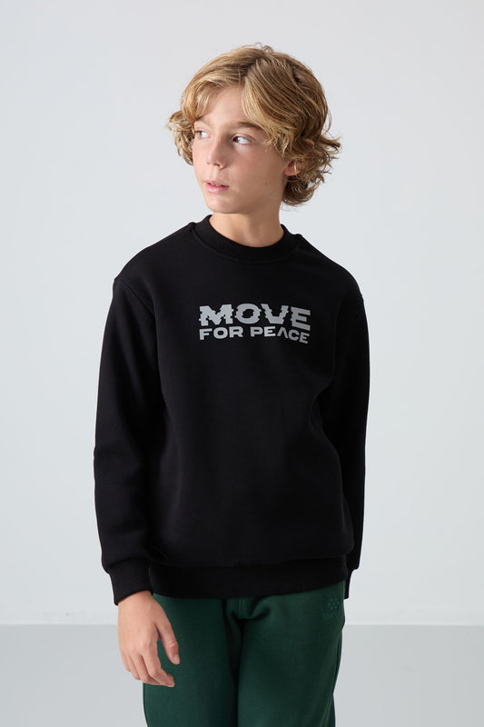 Black Cotton Thick Fleece-Lined Soft Textured Standard Fit Printed Boys' Sweatshirt - 11216