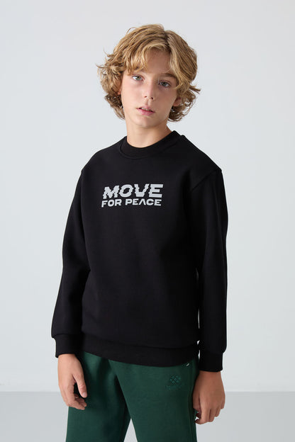 Black Cotton Thick Fleece-Lined Soft Textured Standard Fit Printed Boys' Sweatshirt - 11216